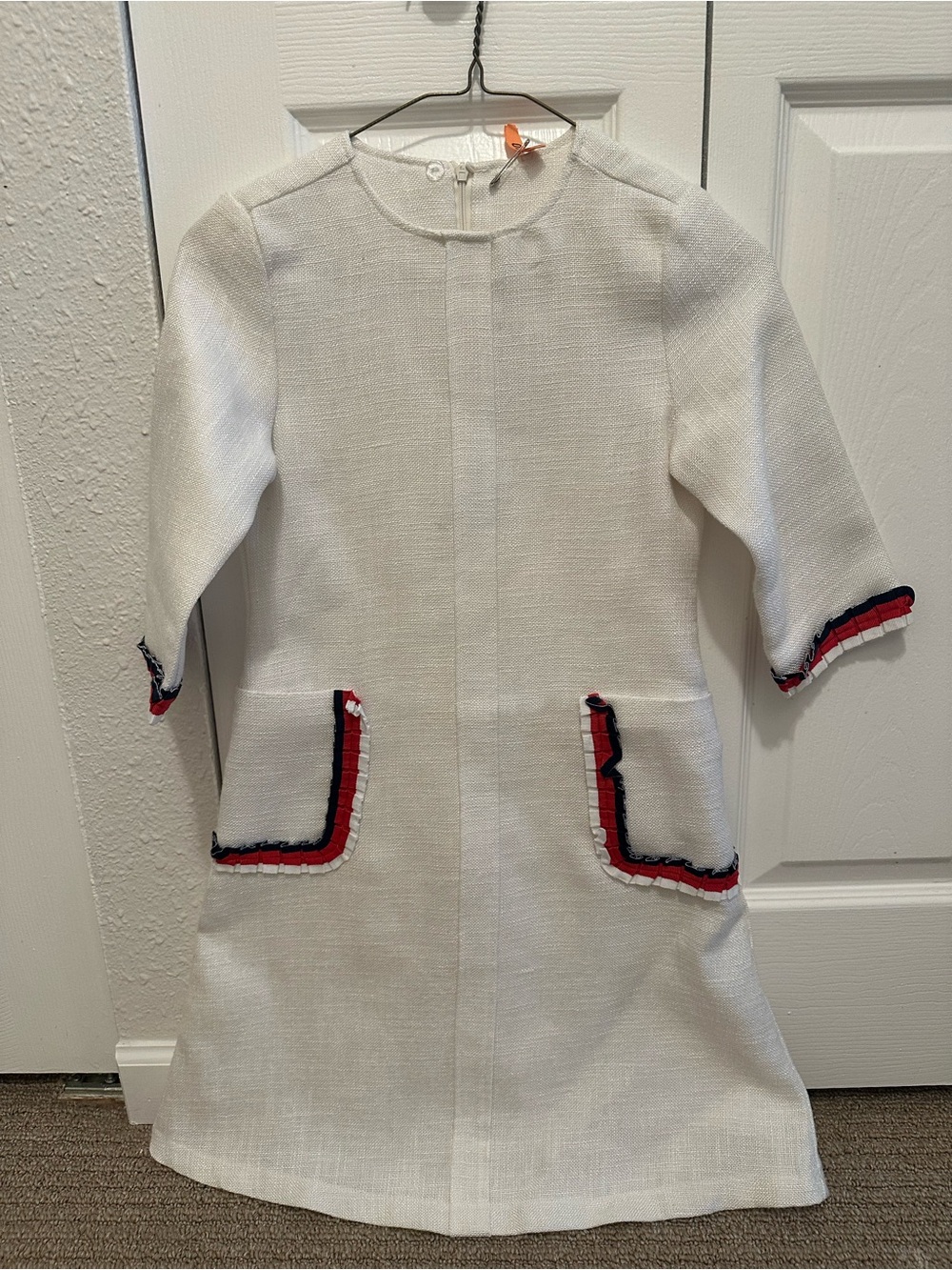 White Tweed Shift Dress with Red & Navy Trim